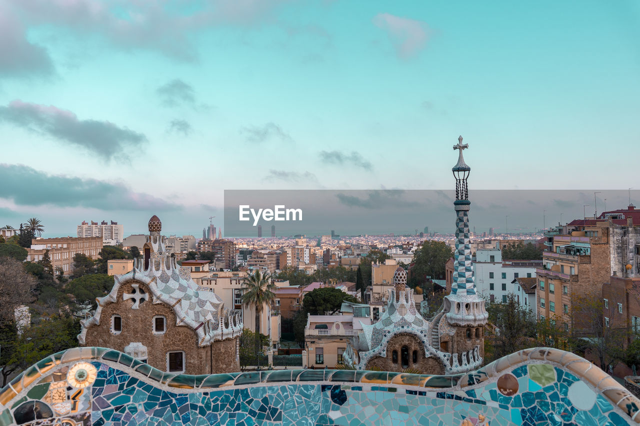 Park guell created by antoni gaudi. beautiful colorful architecture with ceramic mosaic in barcelona