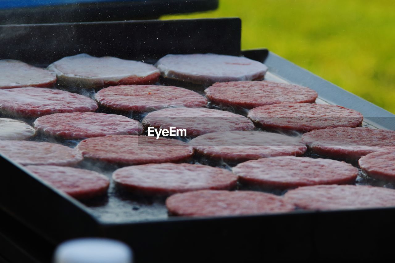 Close-up of hamburgers on barbecue grill