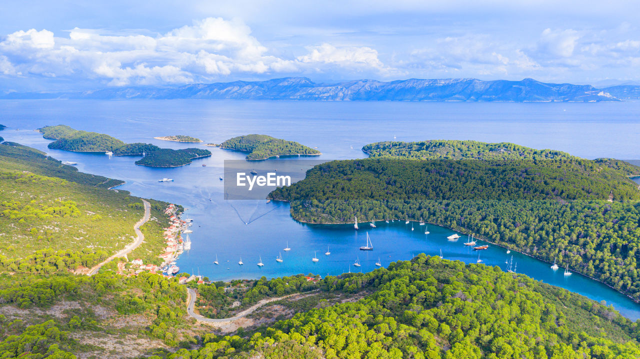 HIGH ANGLE VIEW OF SEA BY TREES AGAINST SKY