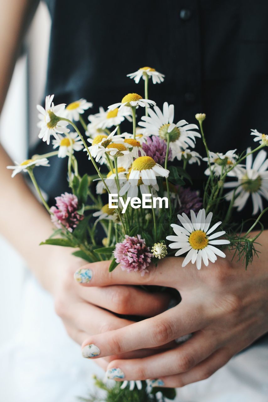 Close-up of hand holding bunch of flowers