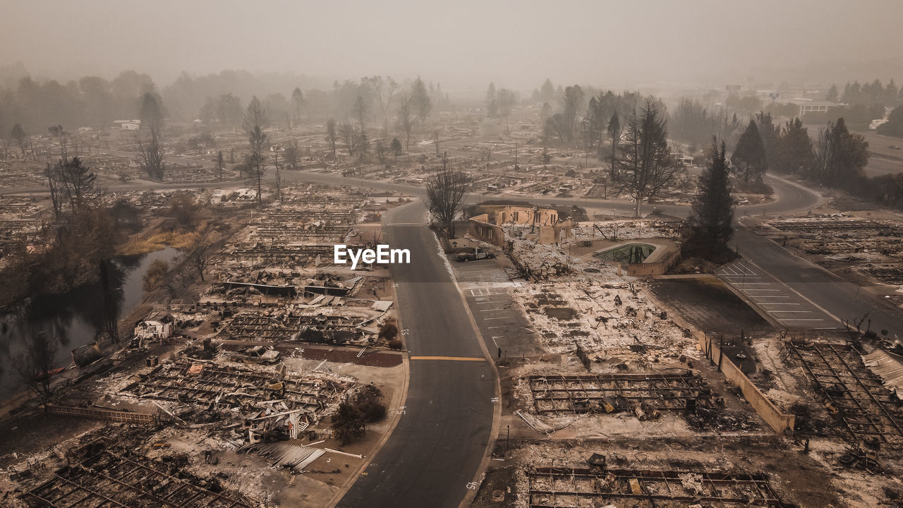 Aerial view of destroyed trailer park after the almeda wildfire in southern oregon talent phoenix 