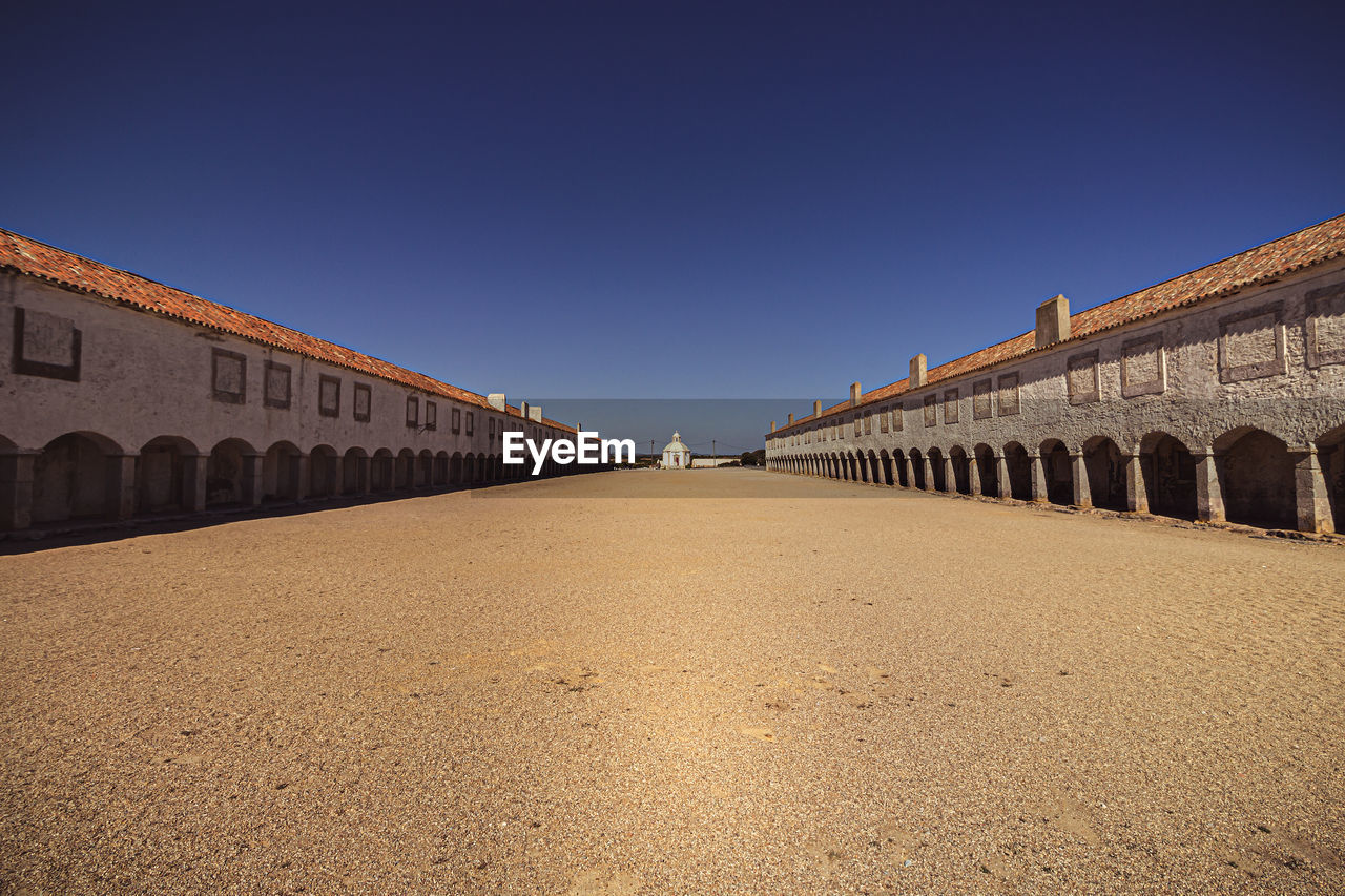 Surface level of historic building against clear blue sky