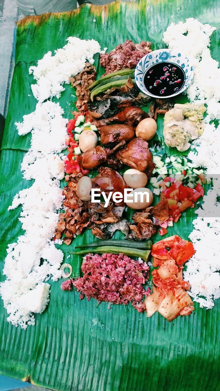 Food served on banana leaf