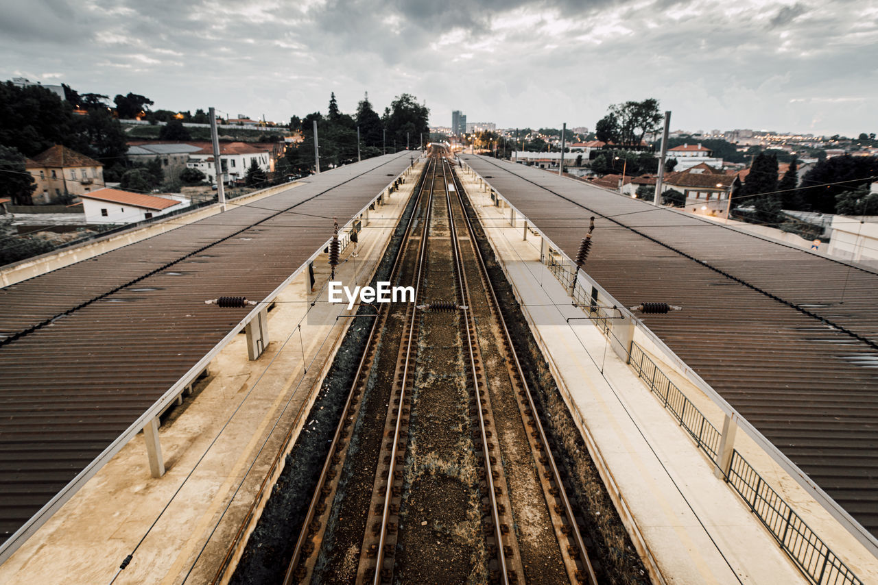 High angle view of railroad tracks against sky