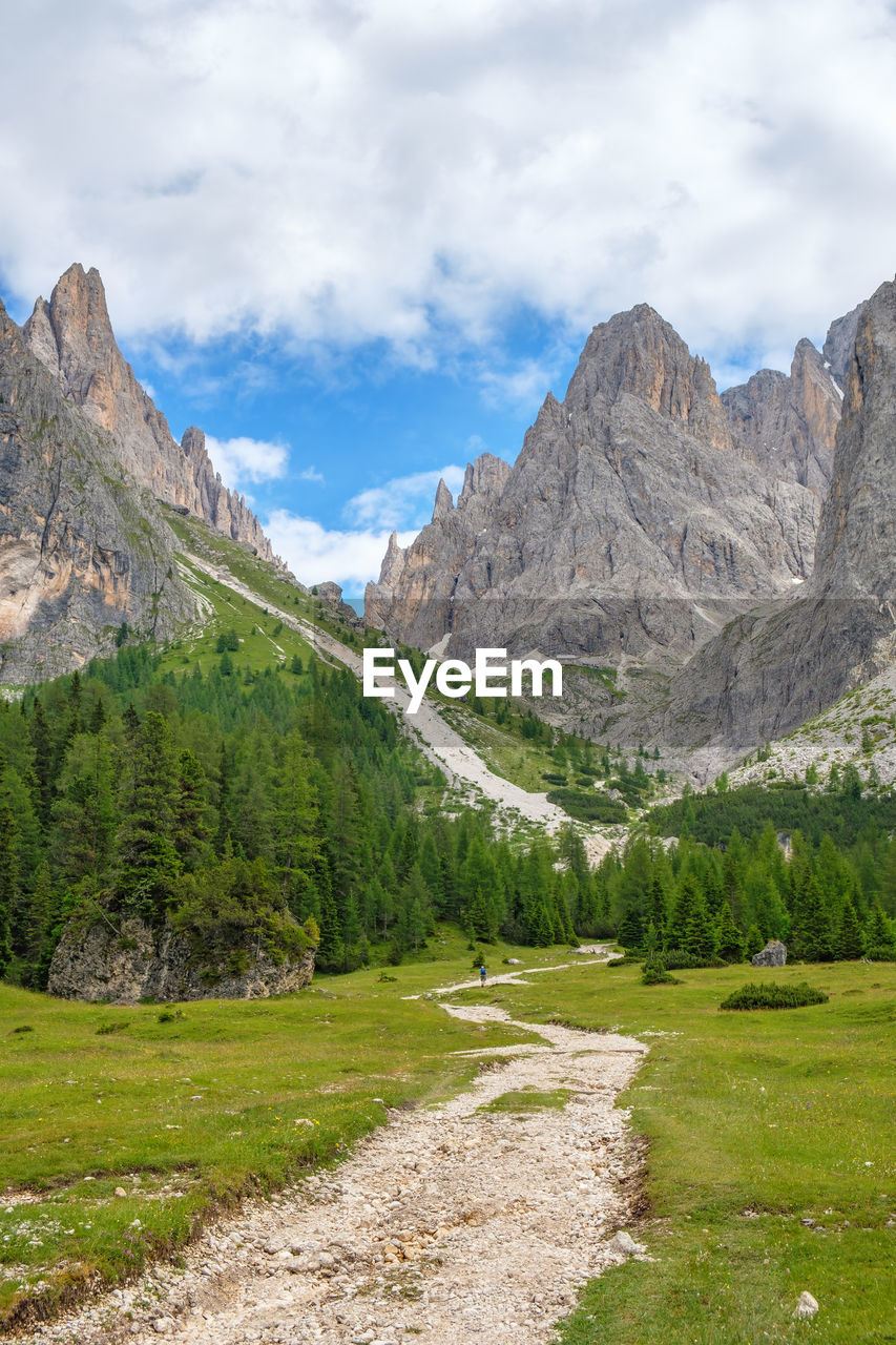 Mountain valley with a trail and mountain peaks