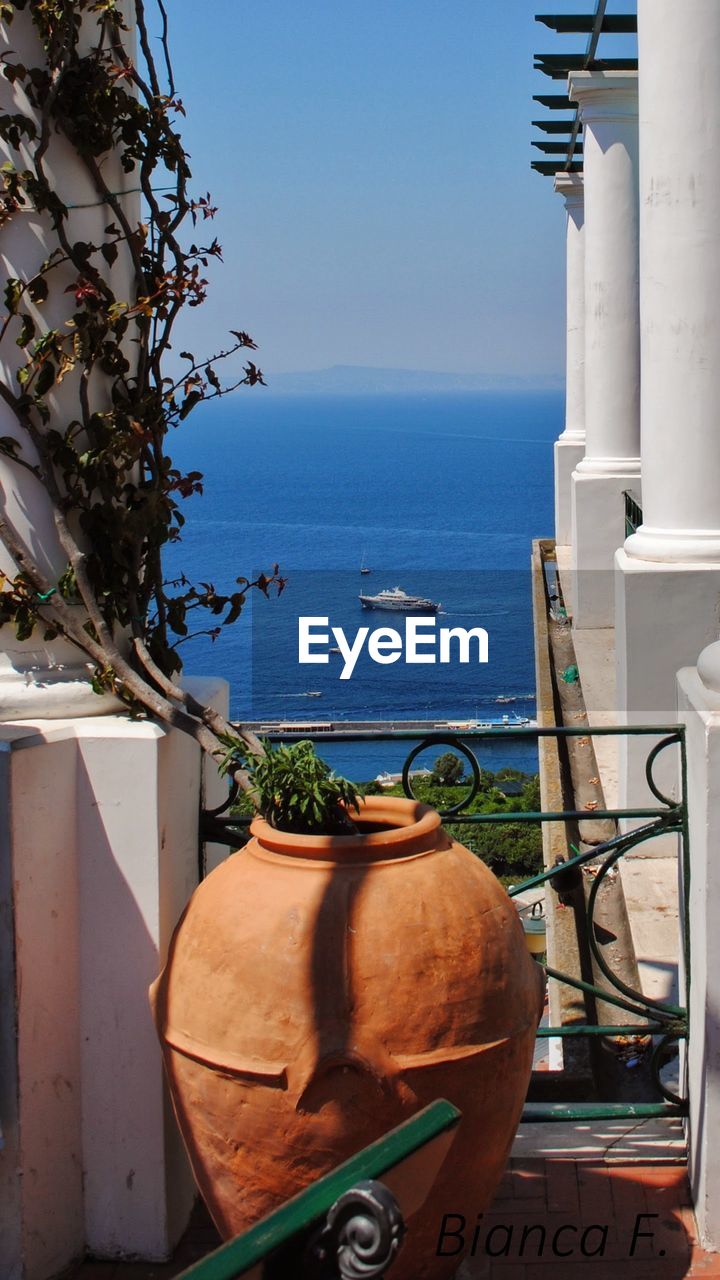 Potted plants by sea against sky