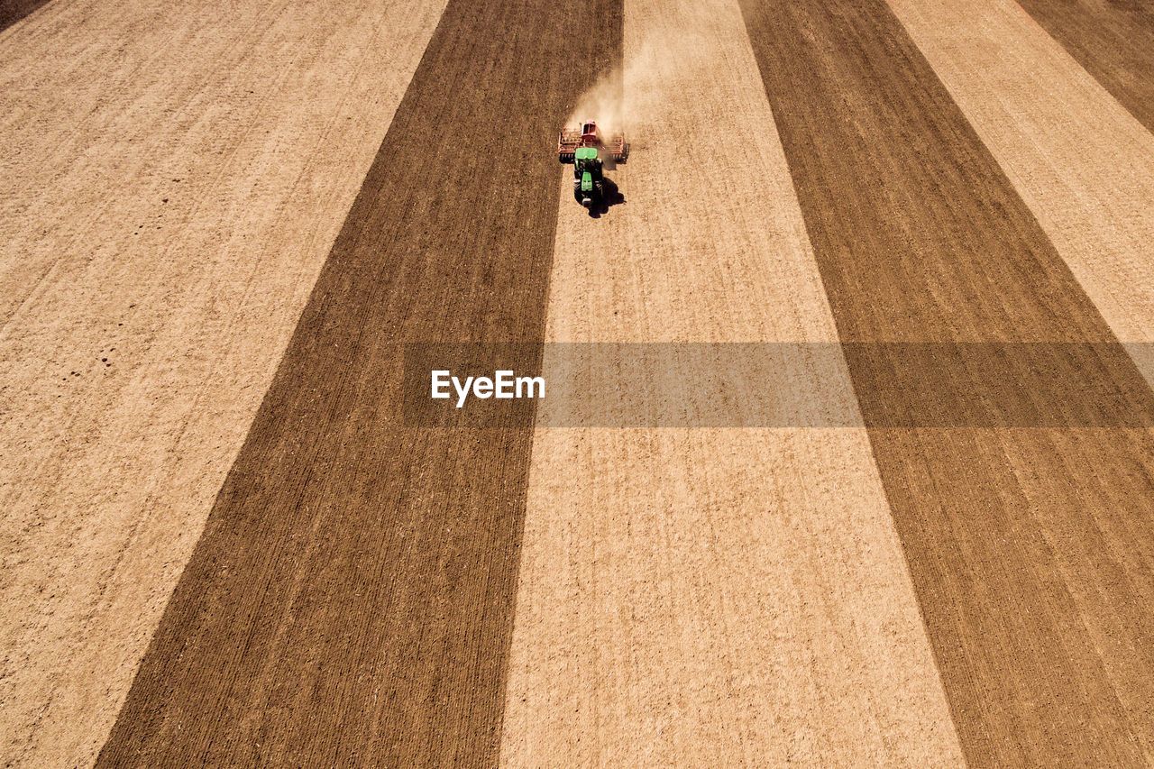 High angle view of tractor on agricultural field