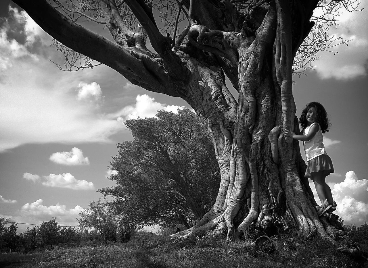 Full length of girl standing by tree against sky