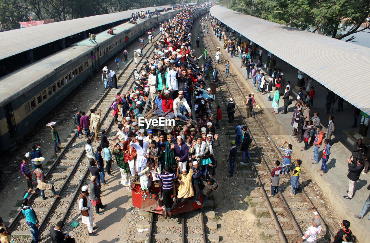 High angle view of crowd at railroad station