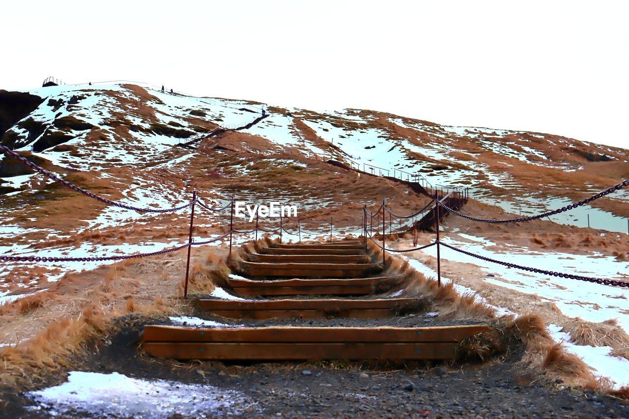 Scenic view of snow covered mountain against clear sky