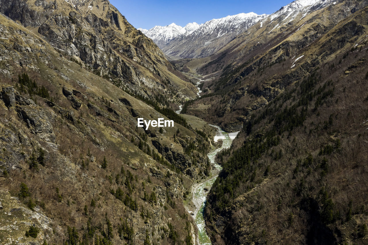 Steep rugged river valley landscape in the mountains, himalaya nepal