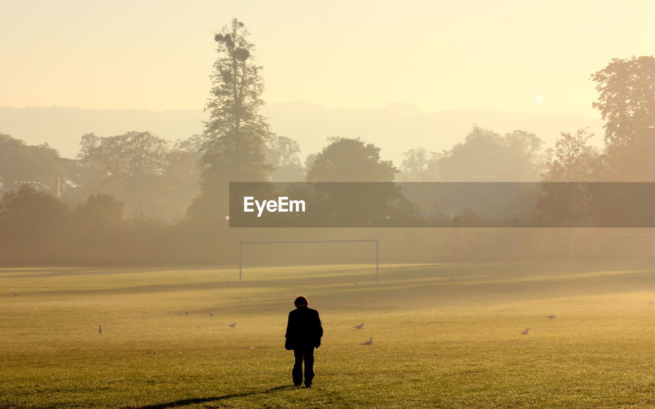 Rear view of man walking on playing field in foggy weather