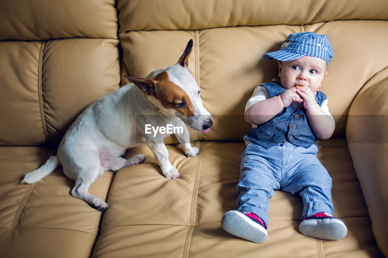 Gay boy kid blonde in a cap , pants, tie and vest sits with jack russell terrier dog on sofa