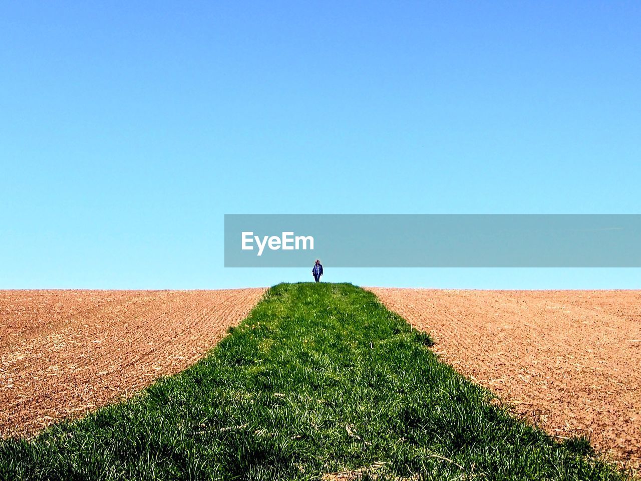 Woman walking on agricultural field against clear blue sky