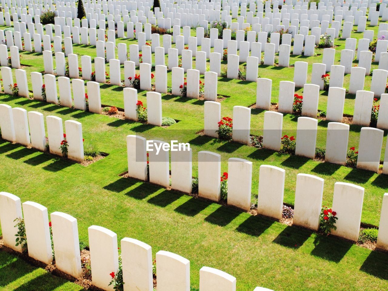 High angle view of white tombstones in military graveyard