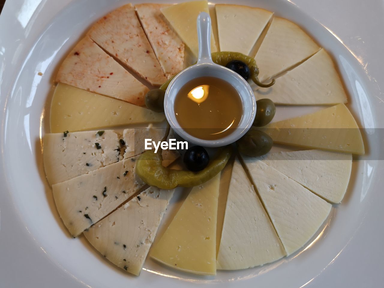 High angle view of cheese in bowl on table