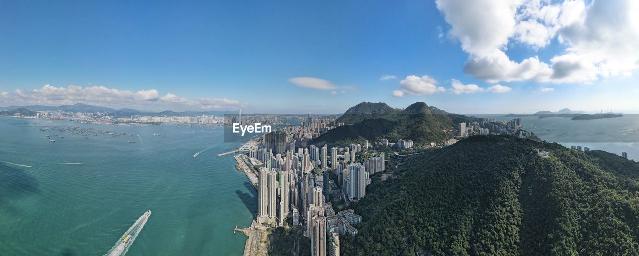 Panoramic aerial view of hong kong island.  mount davis, kennedy town, and victoria harbor