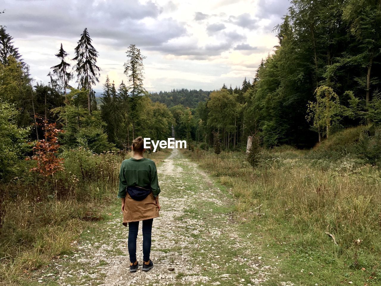 Rear view of woman walking in forest against sky