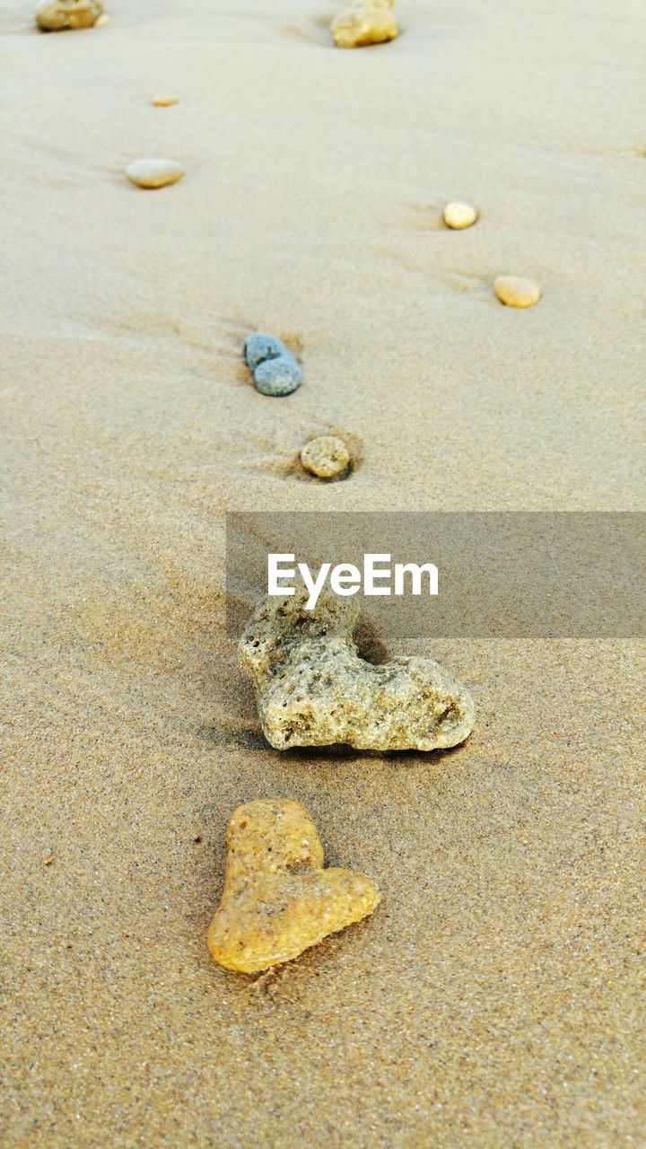 High angle view of rocks on sand at beach