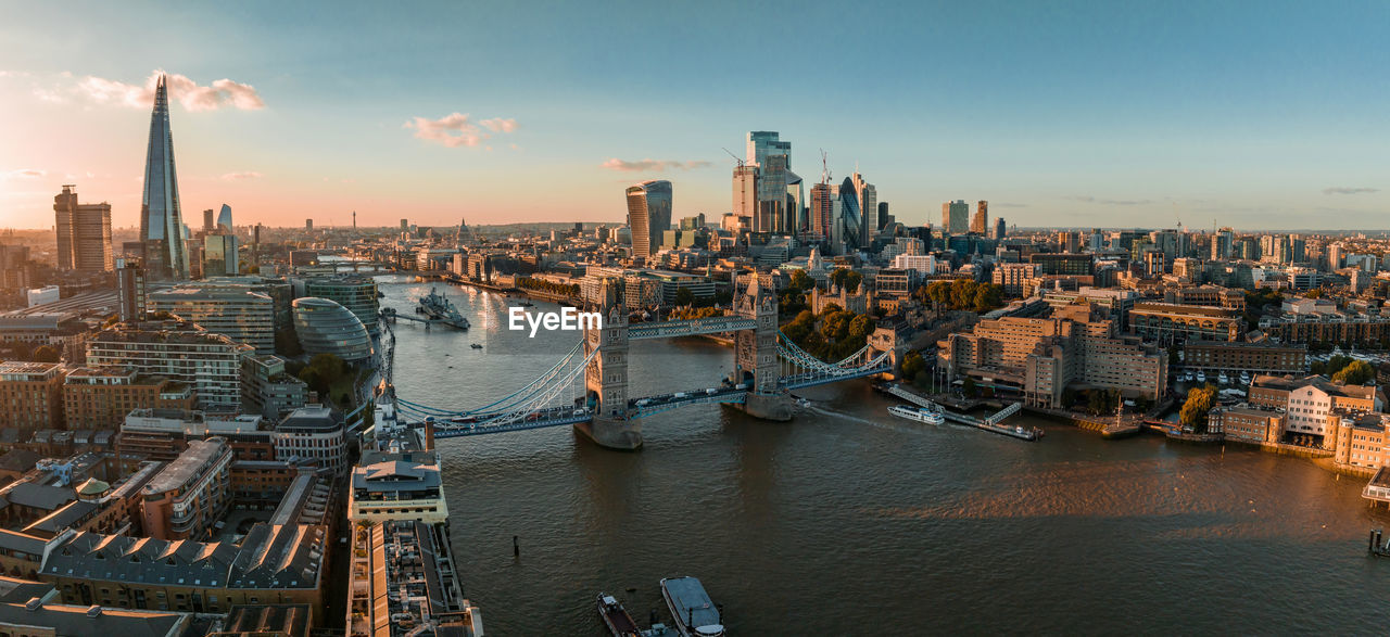 Aerial view of the london tower bridge at sunset.