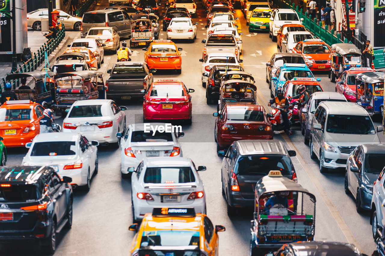 High angle view of traffic on road in city