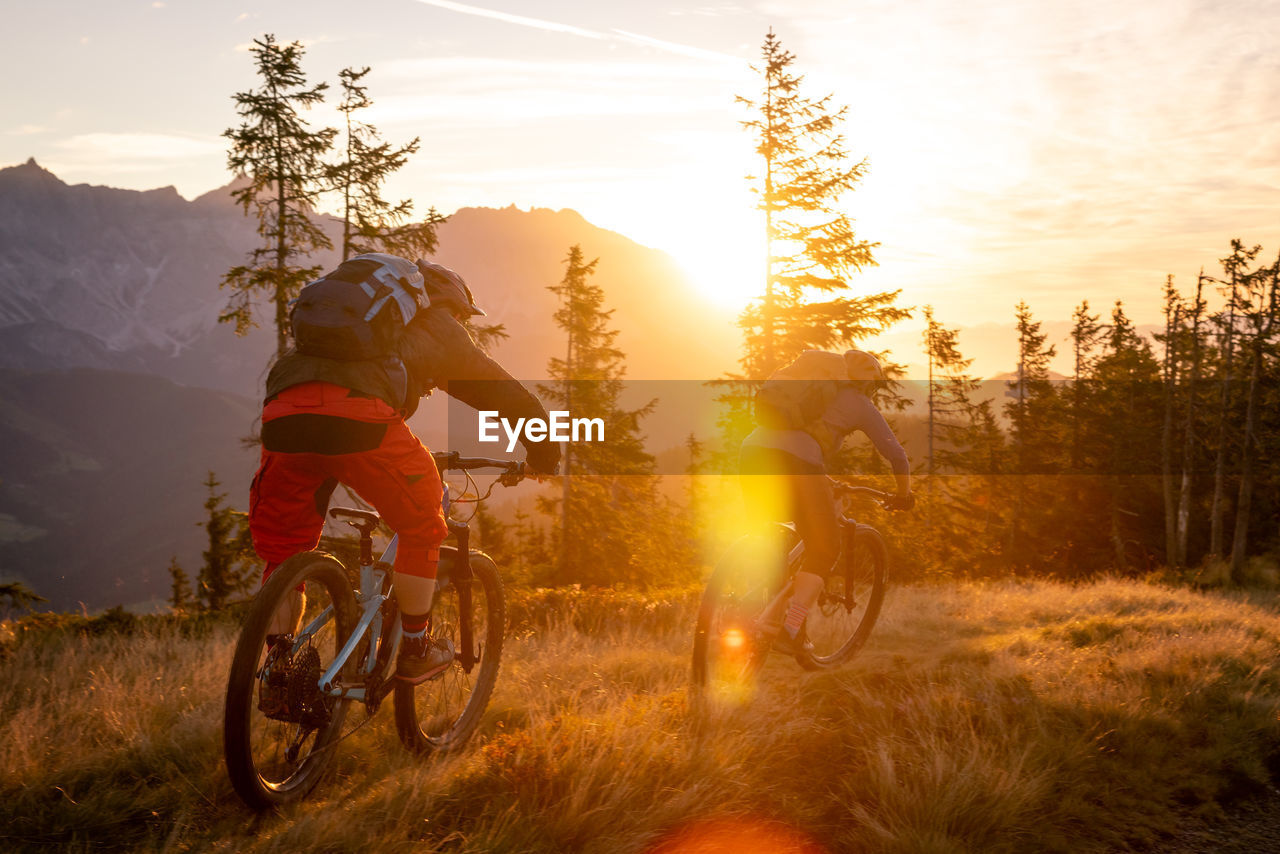 BICYCLES ON FIELD AGAINST SKY DURING SUNSET