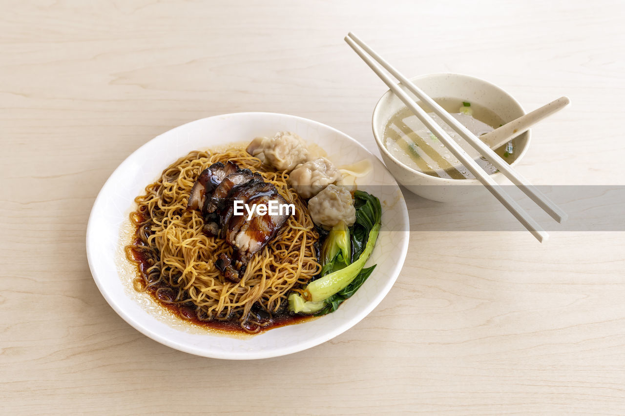 High angle view of meal served on table