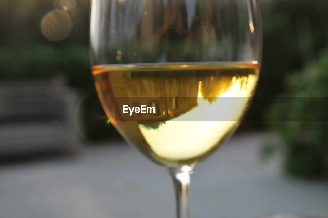 CLOSE-UP OF WINE GLASS ON TABLE