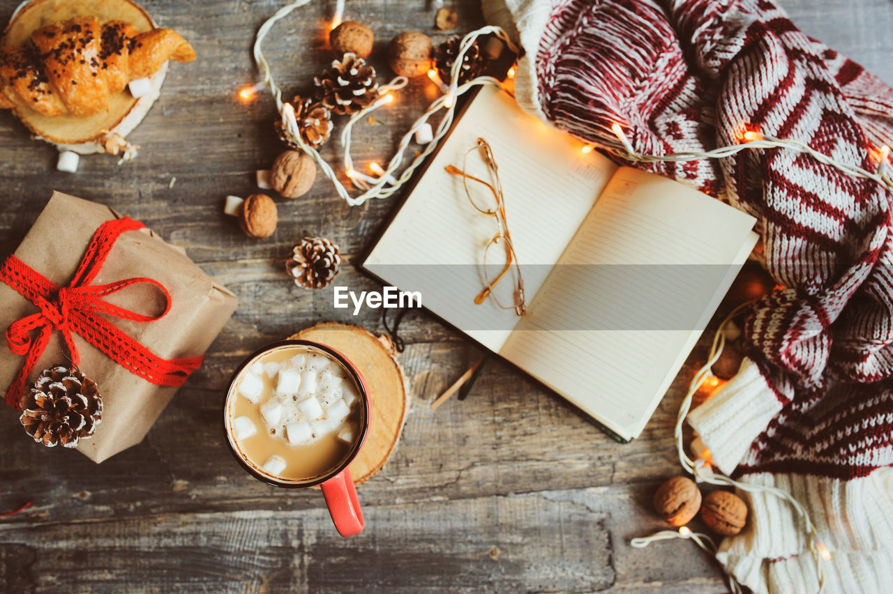 High angle view of christmas decorations on table