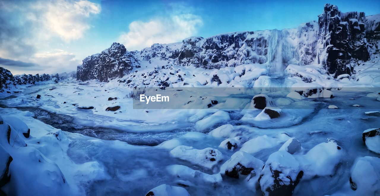 cold temperature, snow, winter, landscape, environment, scenics - nature, ice, sky, beauty in nature, frozen, nature, cloud, mountain, tranquil scene, tranquility, water, blue, mountain range, glacier, panoramic, no people, non-urban scene, travel destinations, extreme terrain, travel, land, glacial landform, polar climate, outdoors, iceberg, idyllic, remote, screenshot, ice cap, freezing