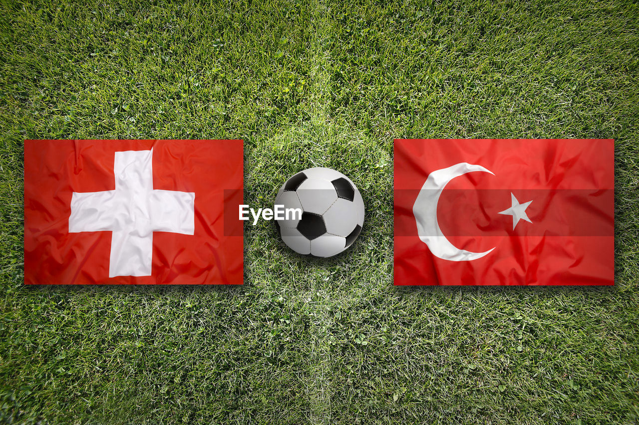 grass, soccer, team sport, soccer ball, red, plant, sports, green, soccer field, nature, sports equipment, ball, flag, high angle view, no people, soccer uniform, directly above, day, outdoors, white, playing field