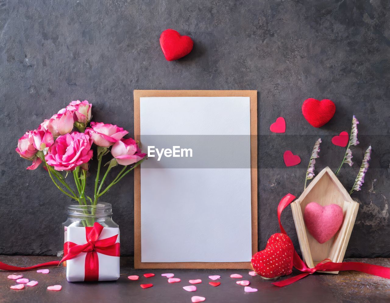 red, pink, flower, plant, petal, flowering plant, nature, indoors, no people, beauty in nature, still life, studio shot, wood, freshness, rose, copy space, ribbon, table, art, emotion, decoration, gift, heart shape, valentine's day, paper, arrangement, positive emotion, love, celebration, food and drink, gray, box, holiday