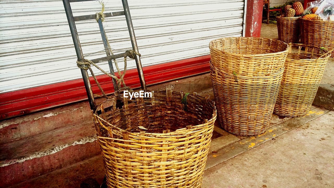 Wicker baskets outside store in market
