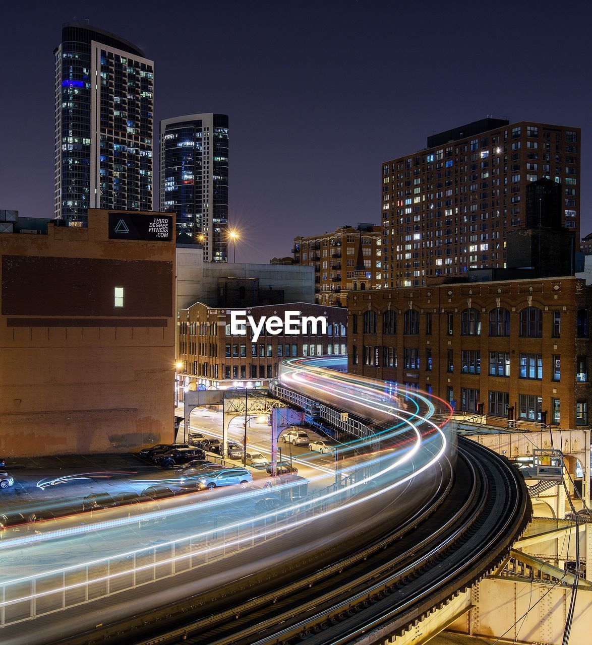 High angle view of train light trails