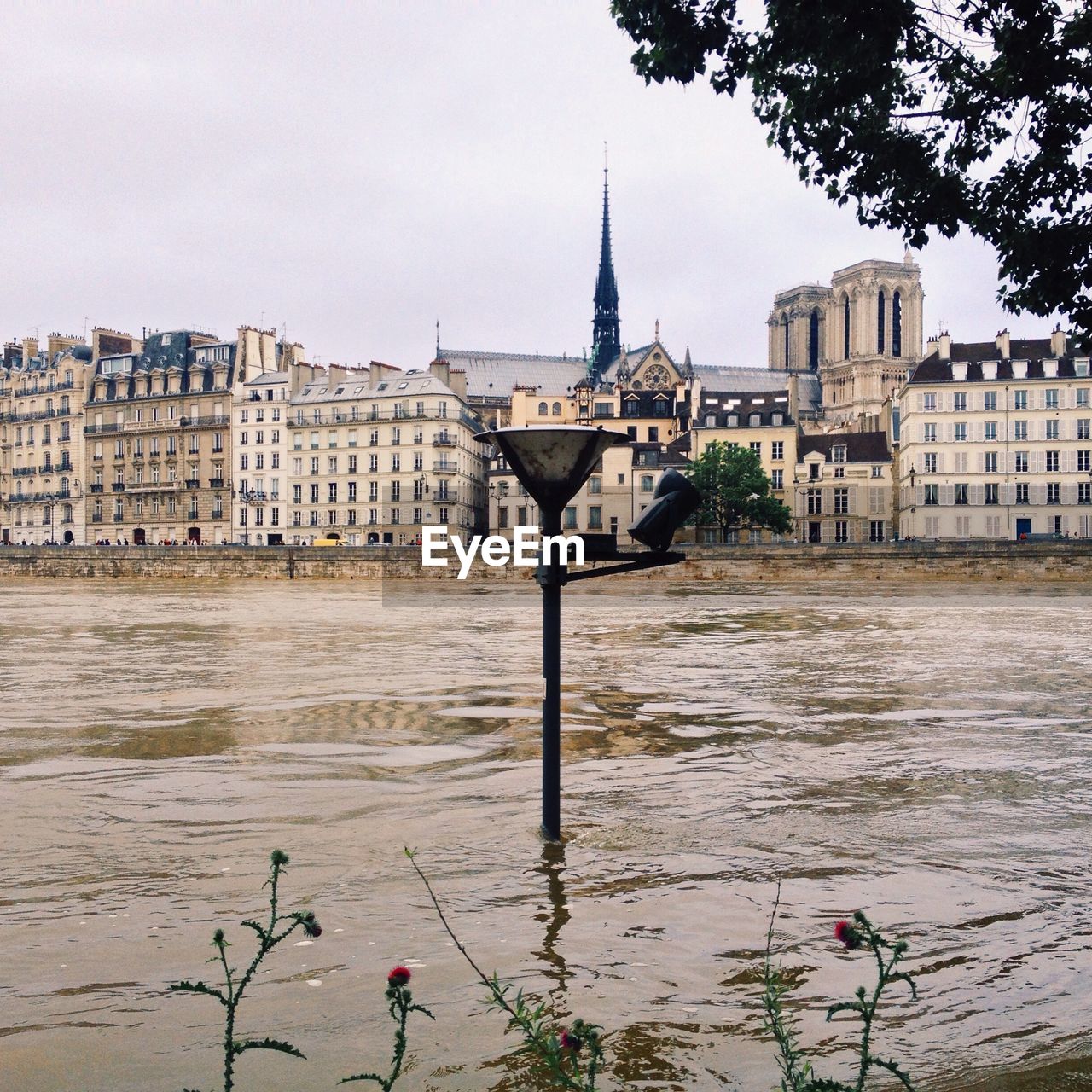 Seine river by notre dame de paris against sky