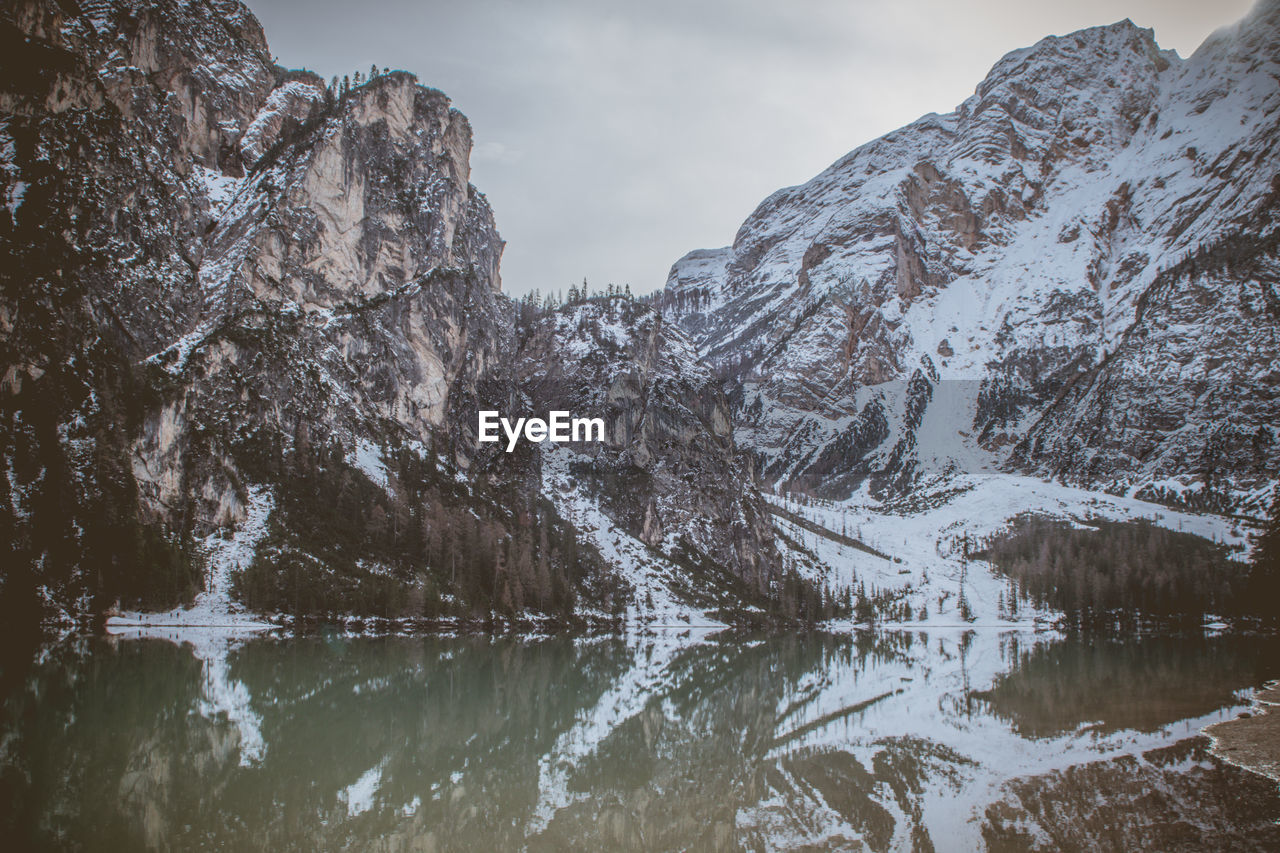 Scenic view of snowcapped mountains and lake against sky