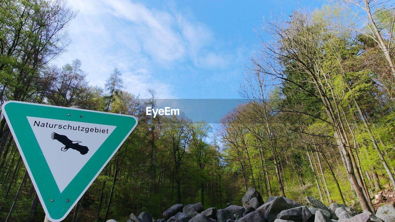 Low angle view of information sign and trees against sky at forest