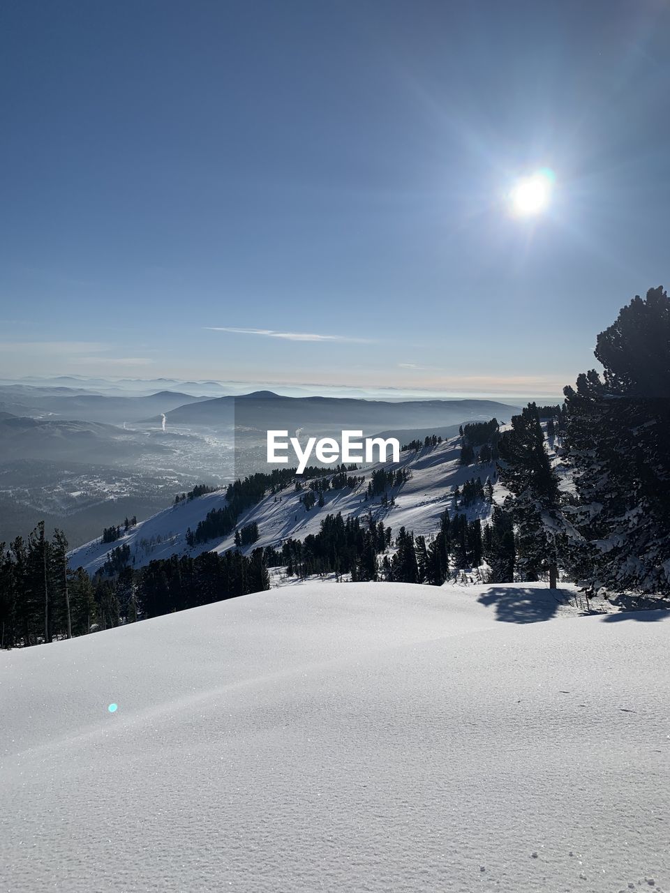 Scenic view of snow covered mountains against sky