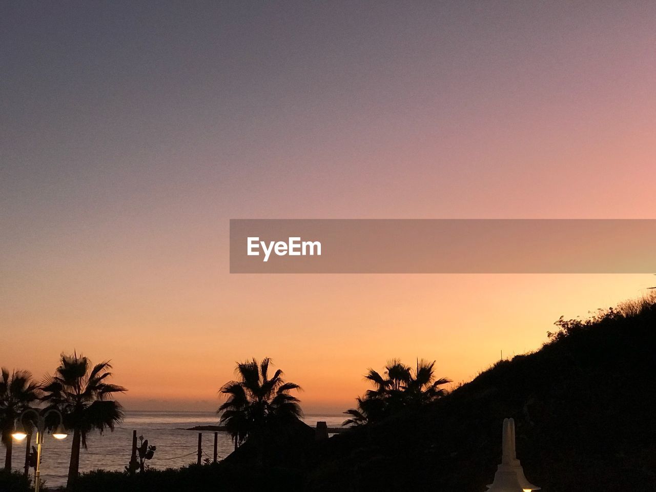 Silhouette palm trees against orange sky