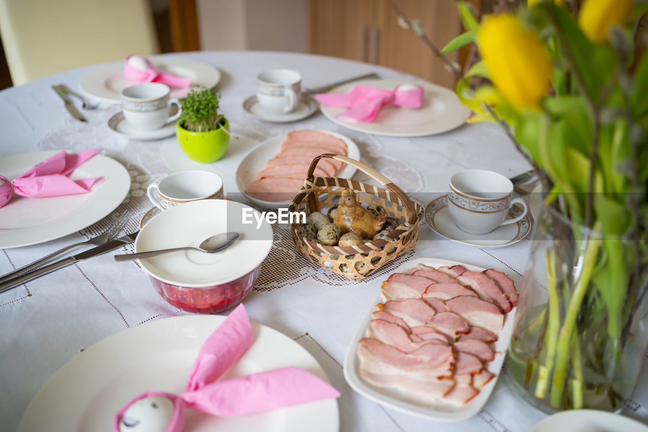 high angle view of breakfast on table