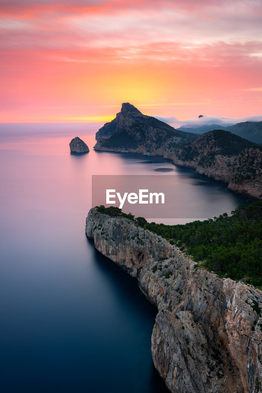 Scenic view of sea against sky during sunset, cape formentor at sunset, mallorca, spain