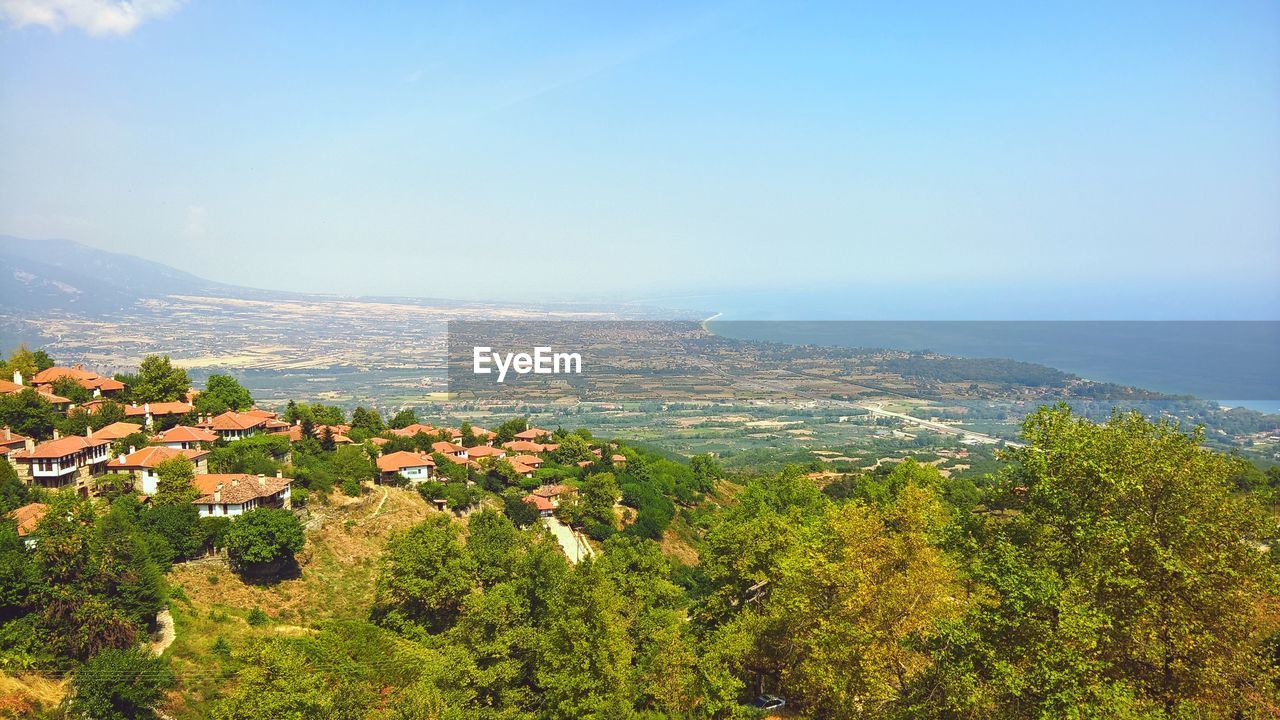 High angle view of houses on top of mountain