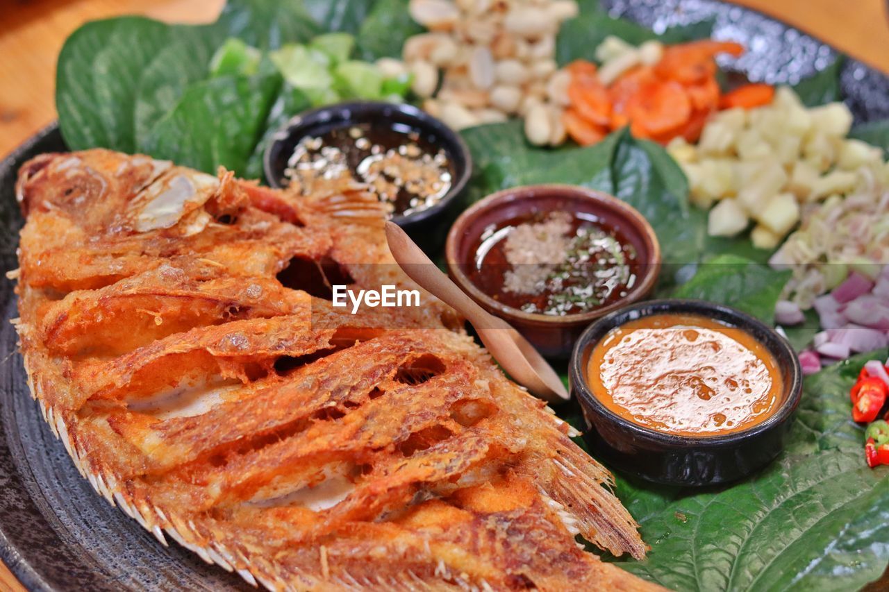 High angle view of food served on table