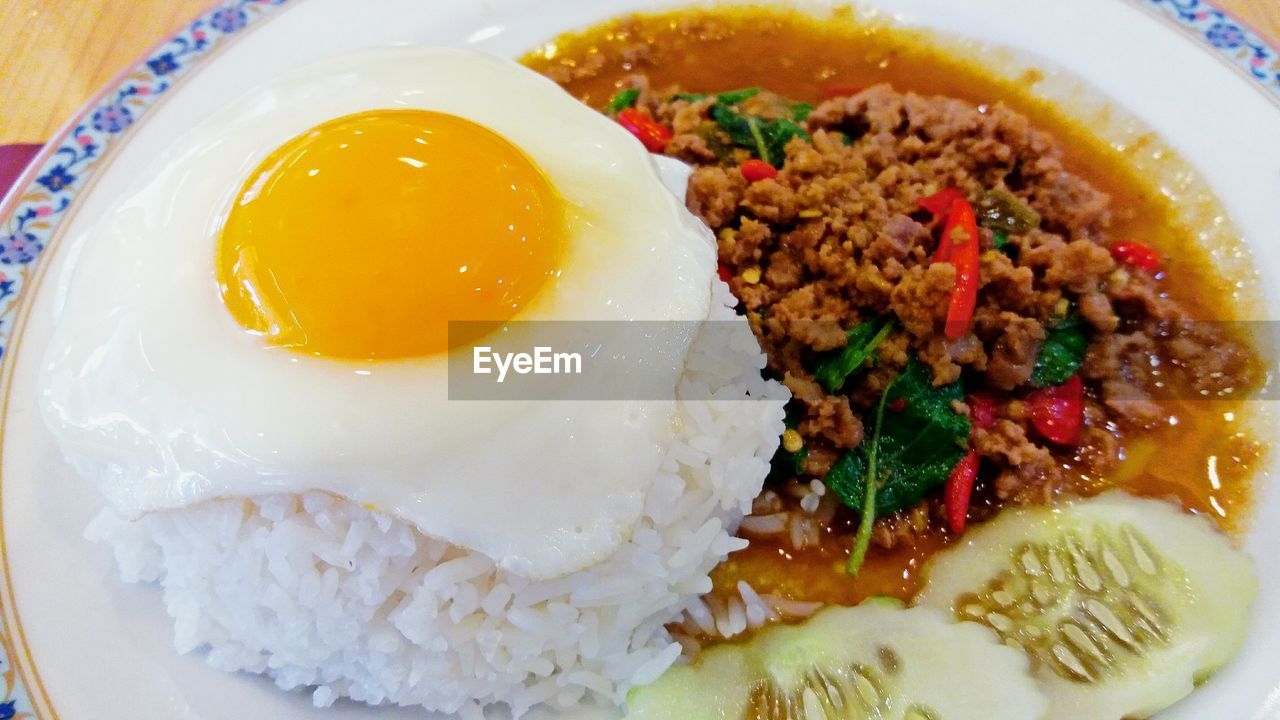 HIGH ANGLE VIEW OF FOOD SERVED IN PLATE