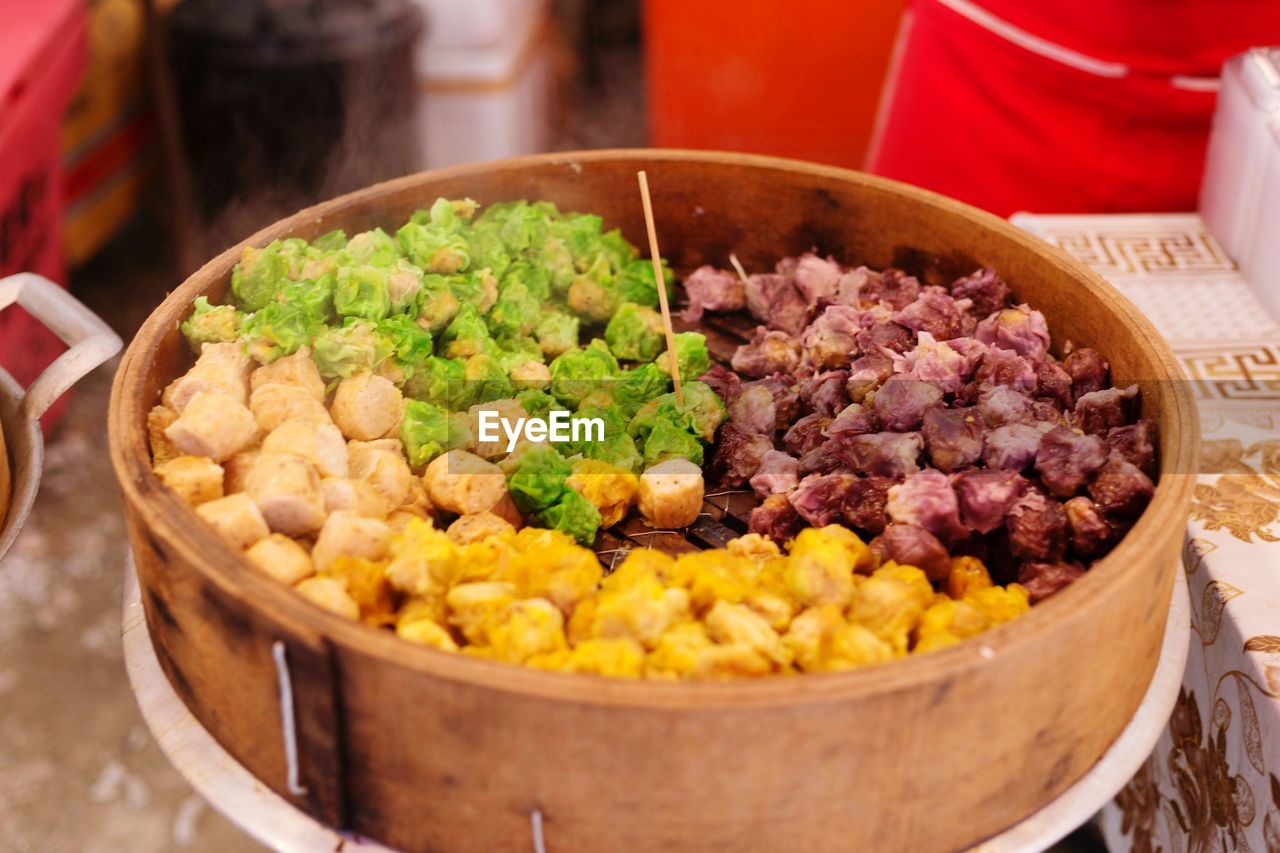 Close-up of meat in wooden box