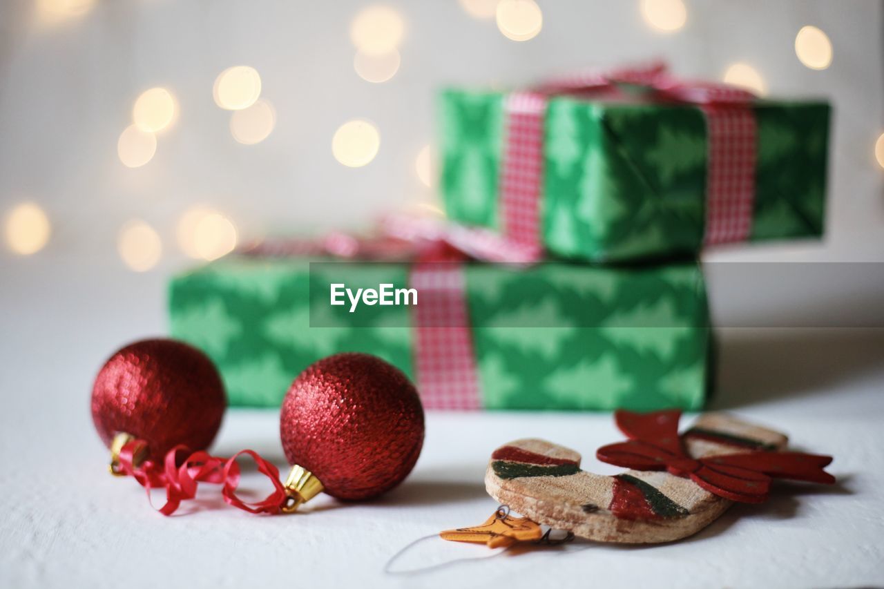 Close-up of christmas decorations on table