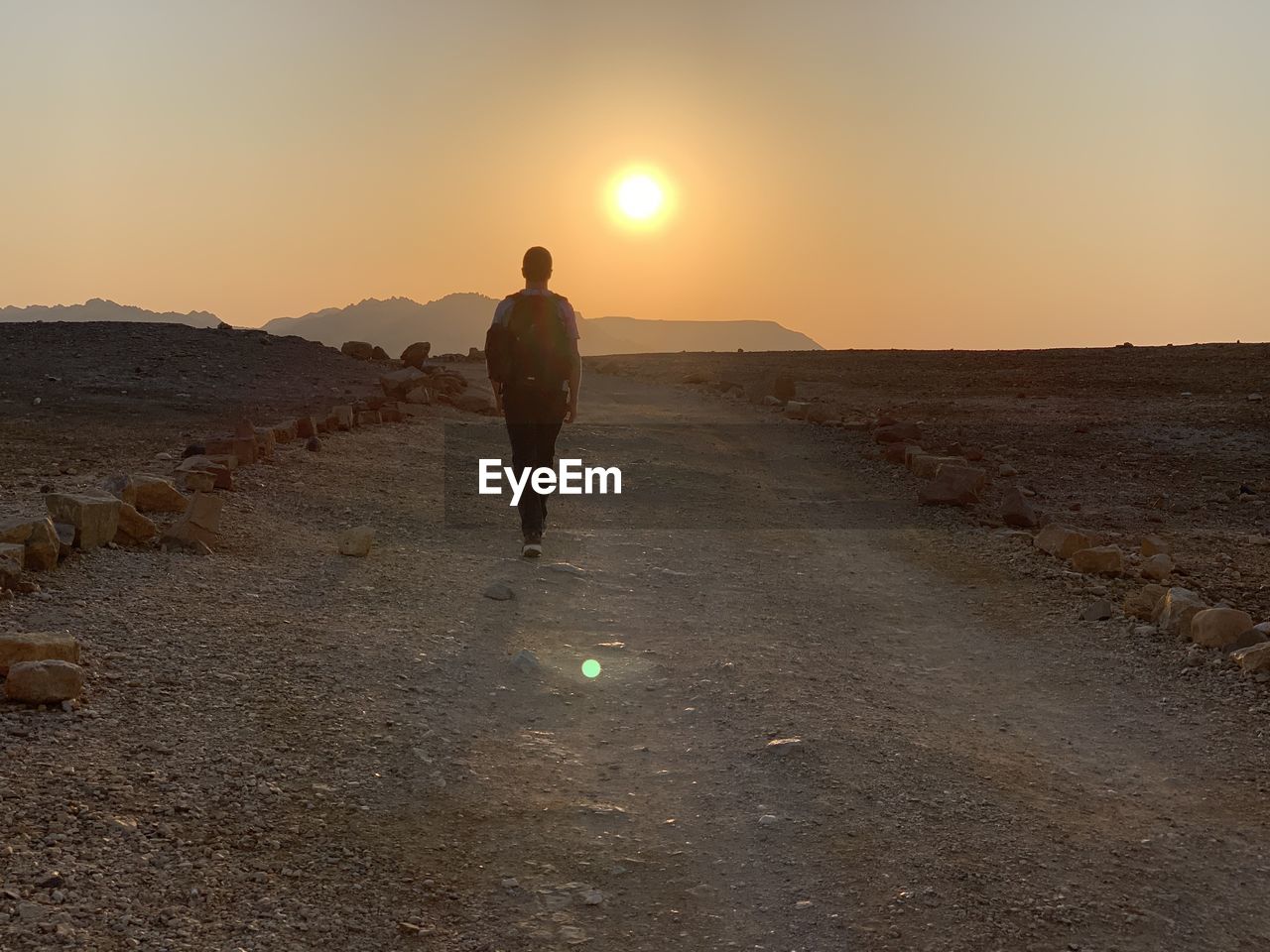 Rear view of man walking on land during sunset