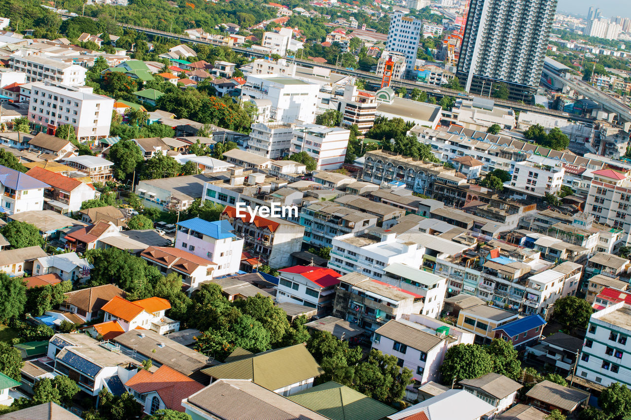 High angle view of buildings in city