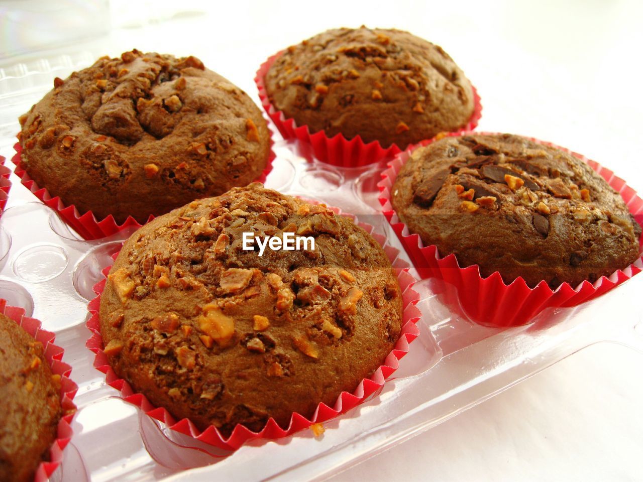 High angle view of chocolate cupcakes in container