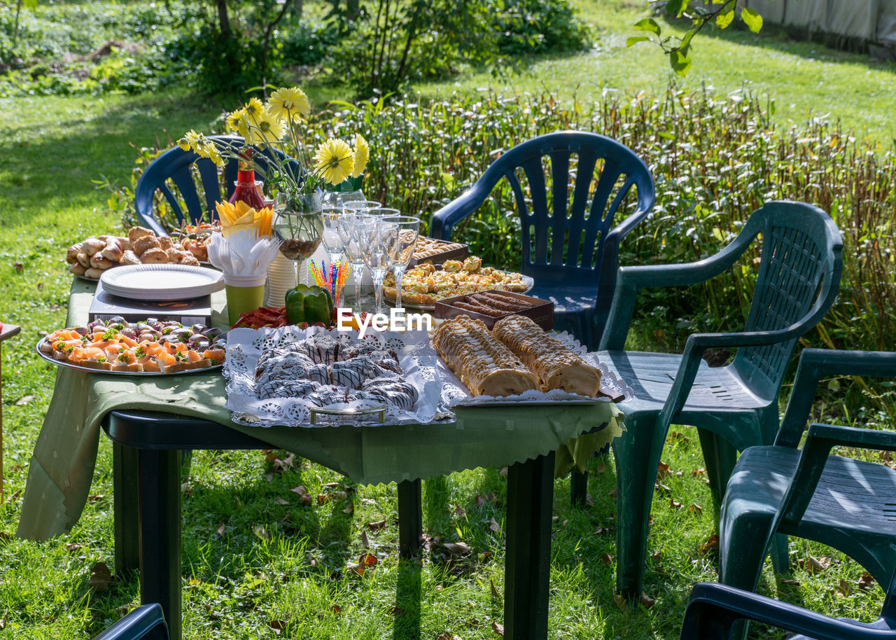 A set table for the garden party, various dishes on the table, grass plastic table and chairs